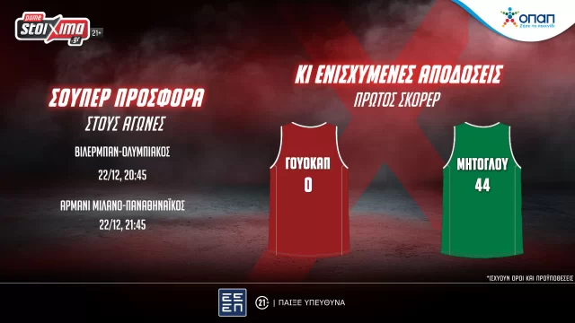 Pamestoixima.gr: EuroLeague | Σούπερ προσφορά* & ενισχυμένες αποδόσεις στους αγώνες Ολυμπιακού & Παναθηναϊκού! (22/12)